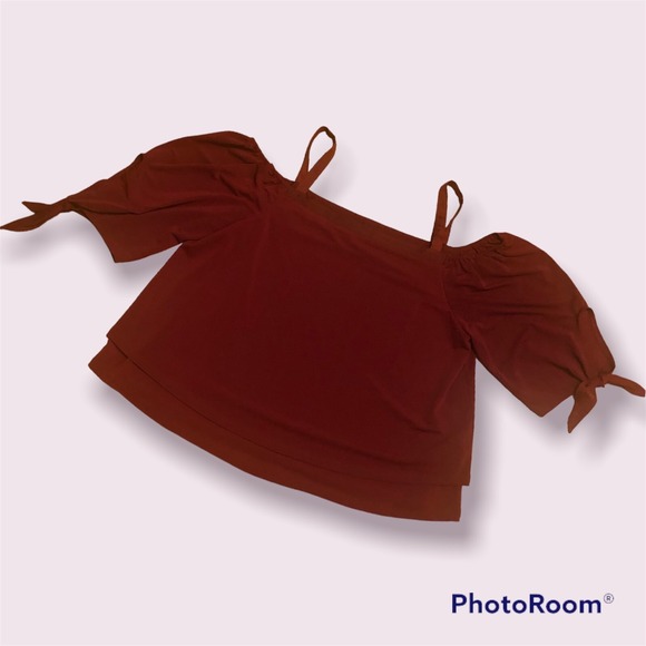 Maroon burgundy Off Shoulder Top Large Poof Tie Sleeves Boho Cottage holiday - Picture 2 of 13